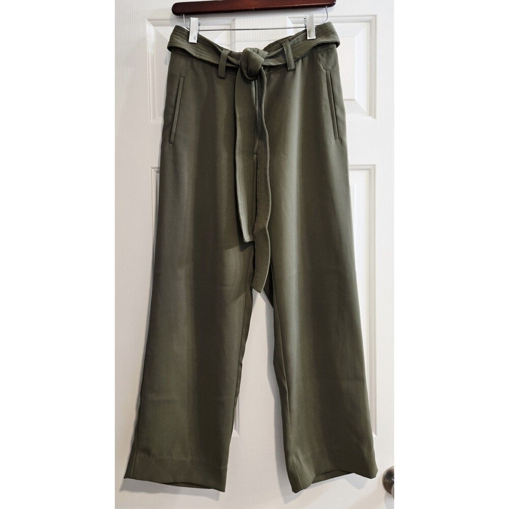 Quince Olive Green Stretch Crepe Wide Leg Crop Pants Belted Womens 4 EUC Elastic